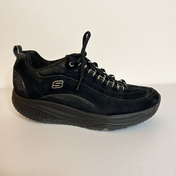 Skechers Shape Up Black Leather Rocker Sole Sneakers - Picture 2 of 7
